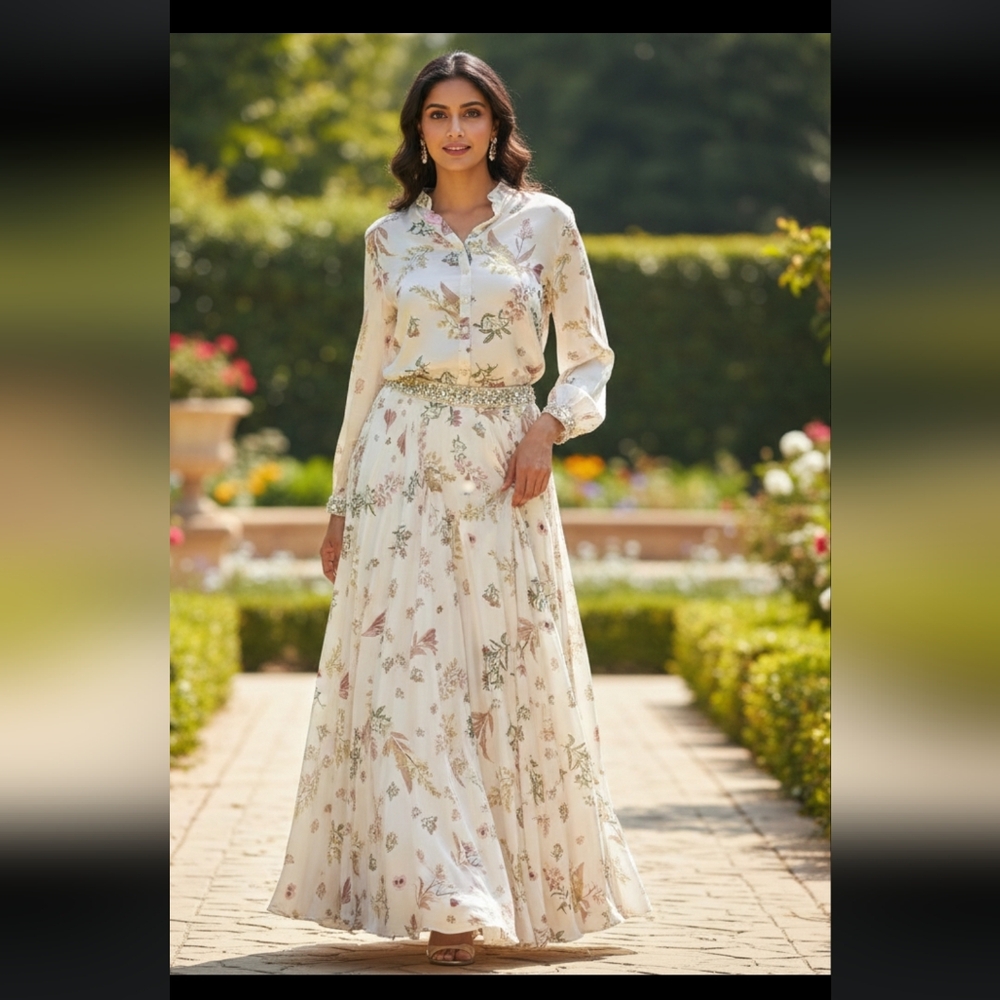 Basanti Ke Kapde Aur Koffee Floral Maxi Skirt Set – Romantic Cream 2-Piece